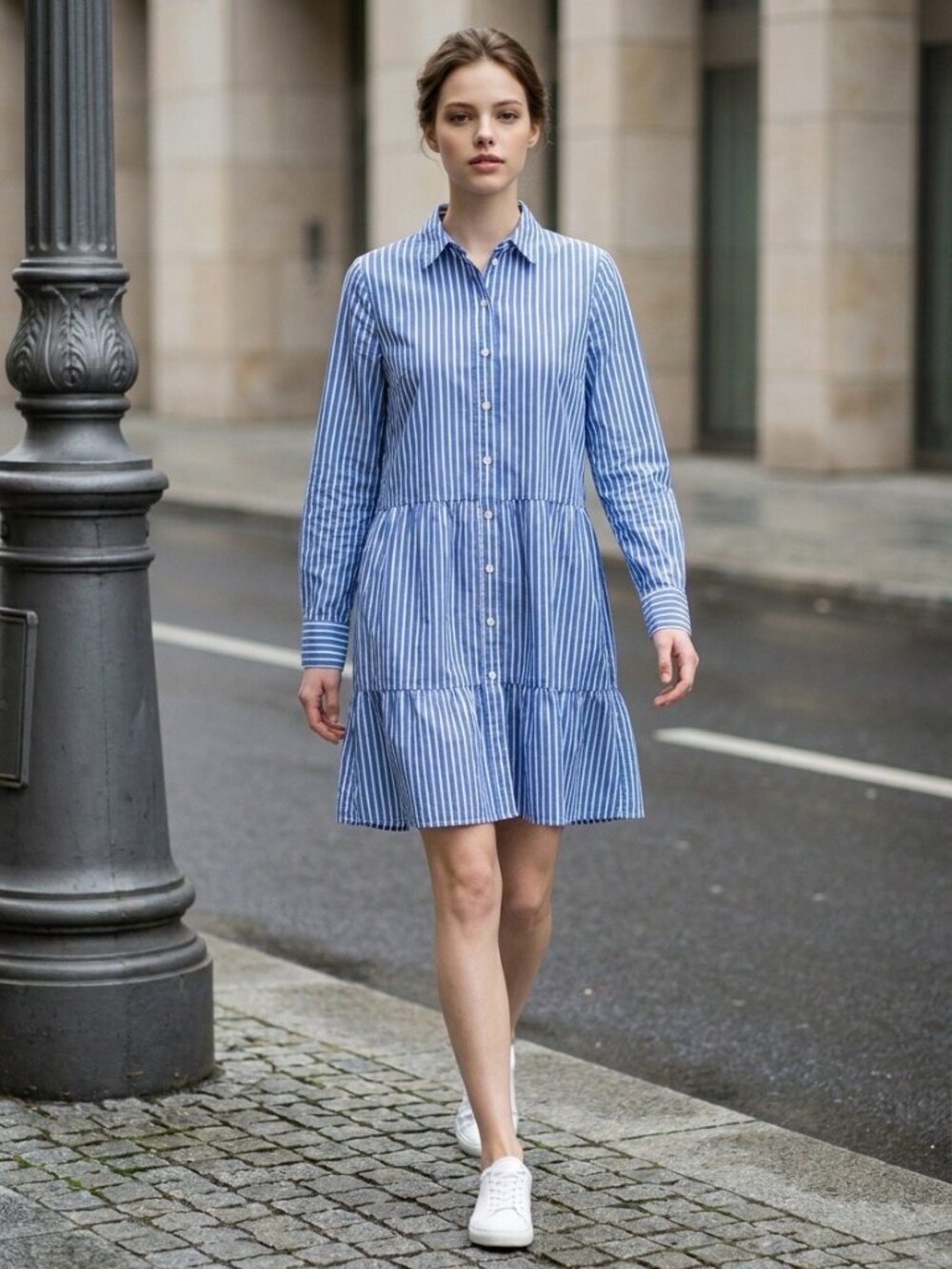 NWT Madewell Blue White Stripe Tiered Poplin Long Sleeve Mini Shirtdress Size M
